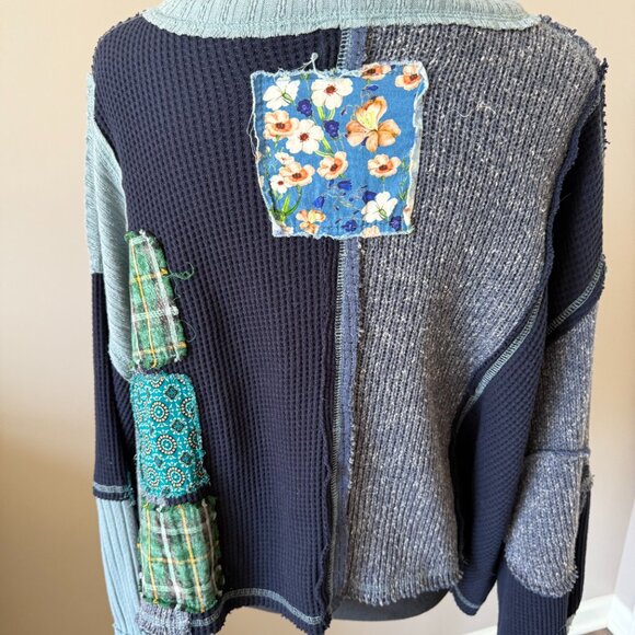 POL Blue Oversized Blocked Patch Floral Long Sleeve Sweater Small - Picture 3 of 12